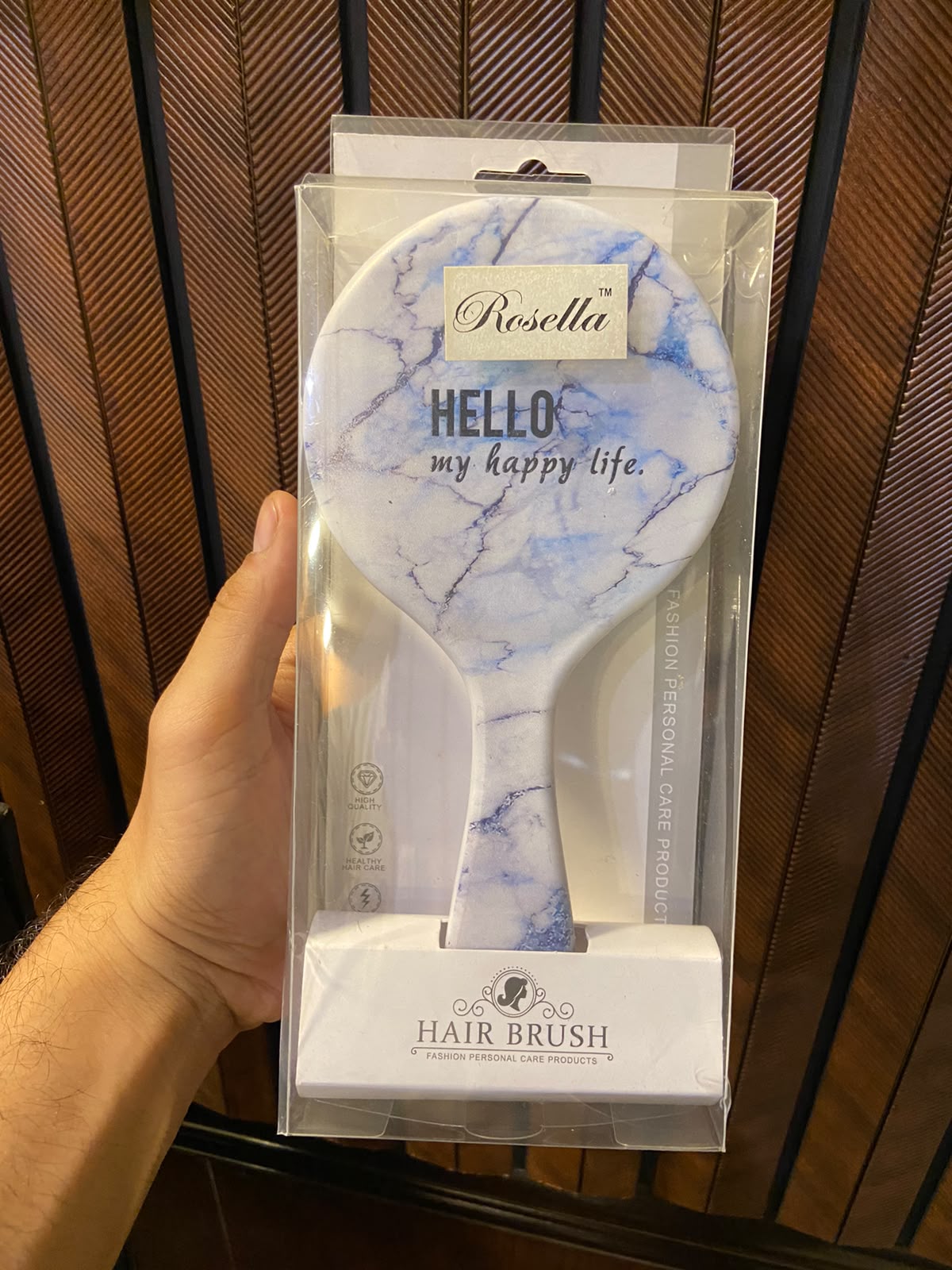 Rosella Fashion Hair Brush - Round Cushion Detangler (Blue Marble "Hello My Happy Life")